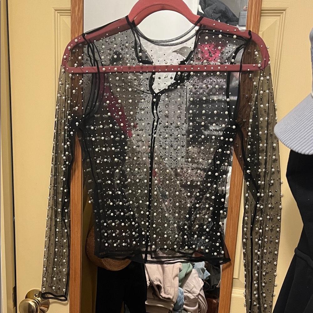 H&M Black Sheer Top with White Embellishments